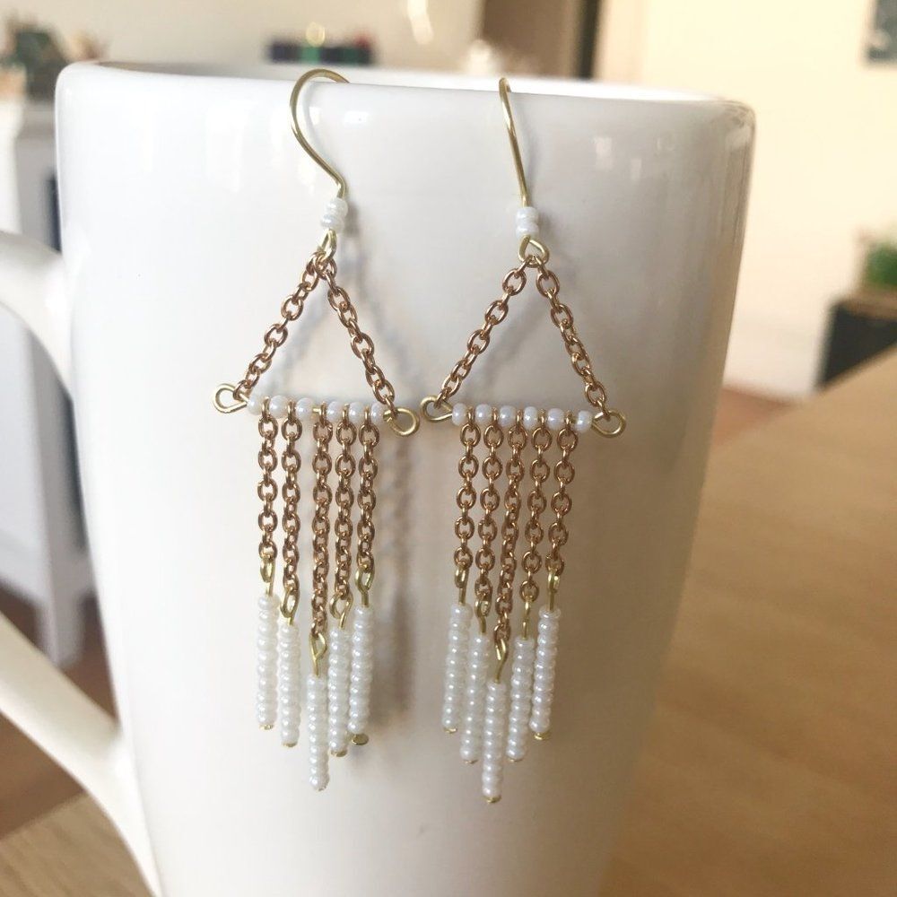 Handmade Pearl White and Gold Chandelier Earrings w/ Recycled Materials